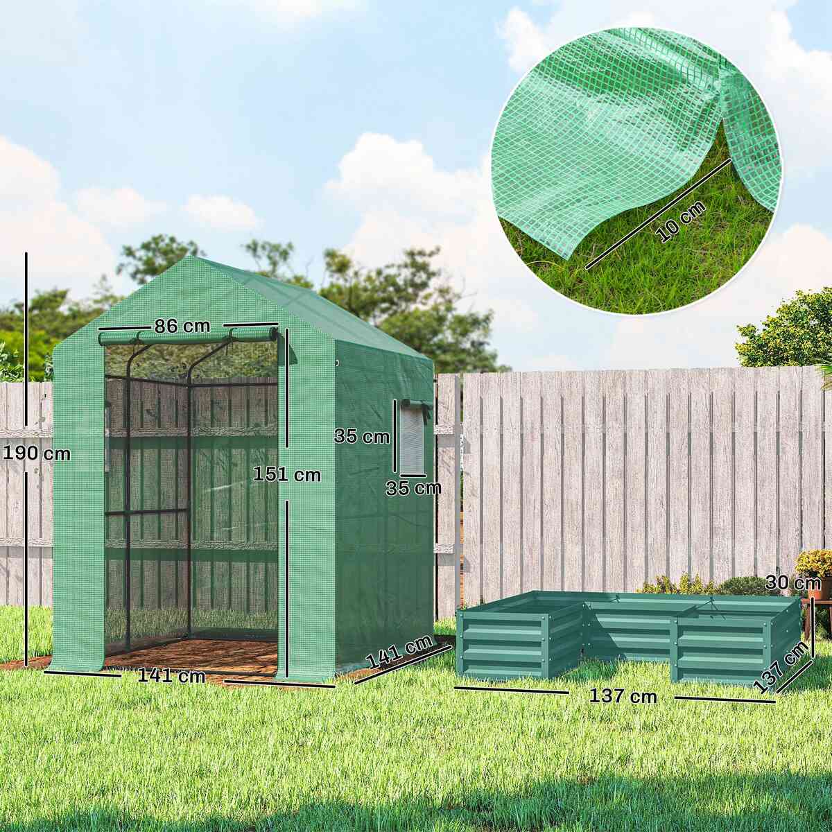 Schéma des dimensions de la serre verte et de son bac potager