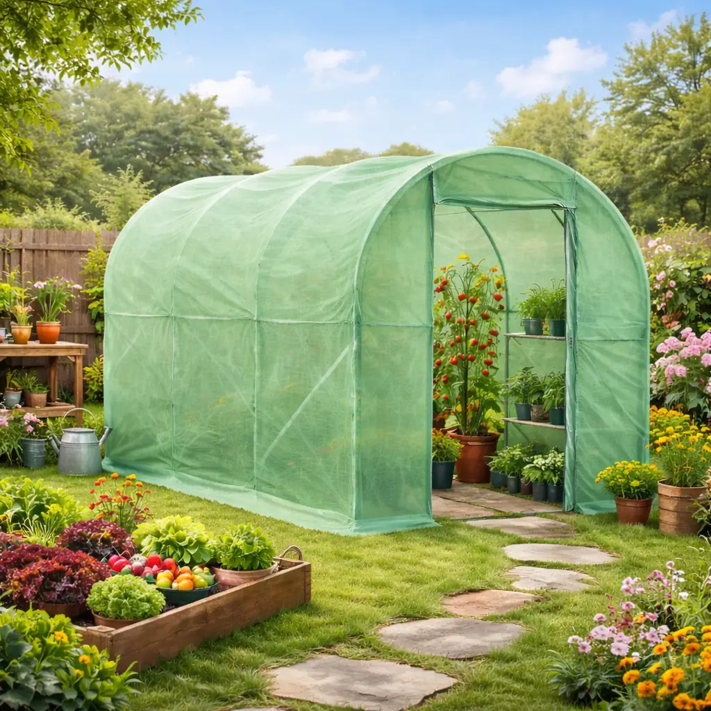 Serre tunnel verte ouverte au milieu d’un jardin fleuri