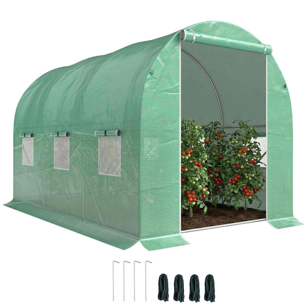 Serre tunnel verte ouverte avec plants de tomates et piquets fournis
