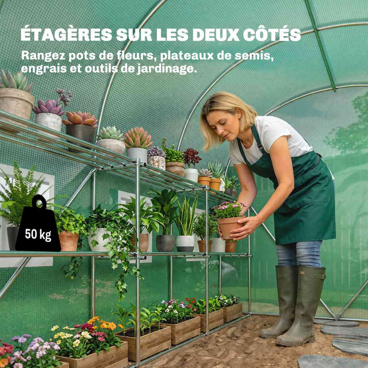 Femme disposant des plantes sur les étagères de la serre tunnel