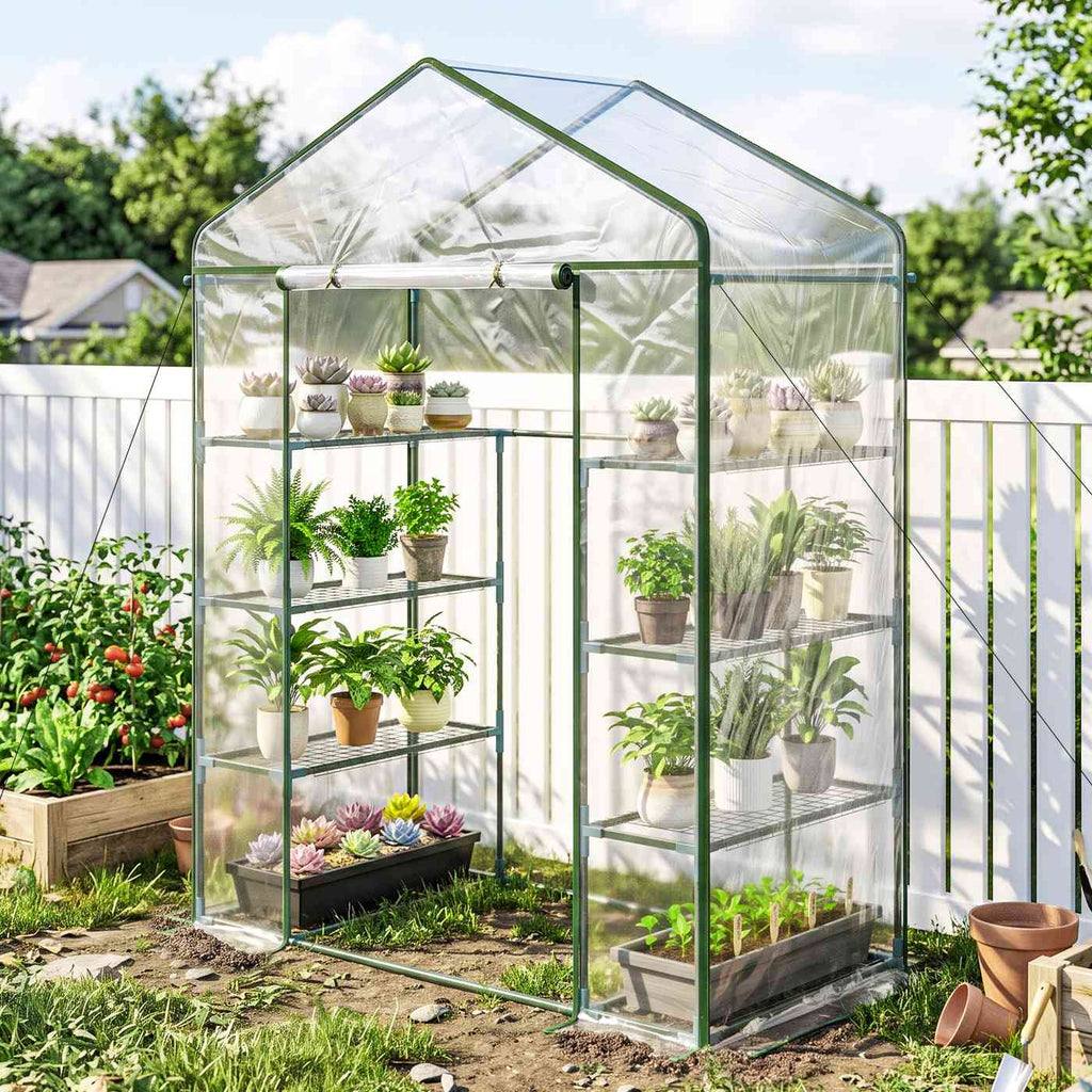 Serre transparente à étagères installée dans un jardin fleuri