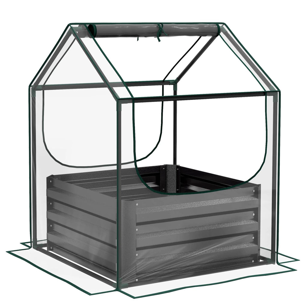 Carré potager gris foncé avec housse transparente et fenêtre enroulée