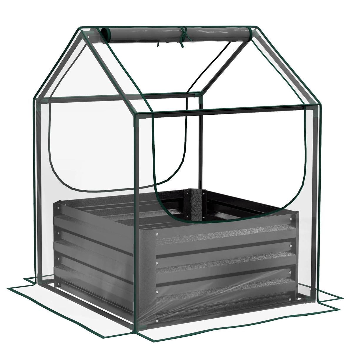 Carré potager gris foncé avec housse transparente et fenêtre enroulée