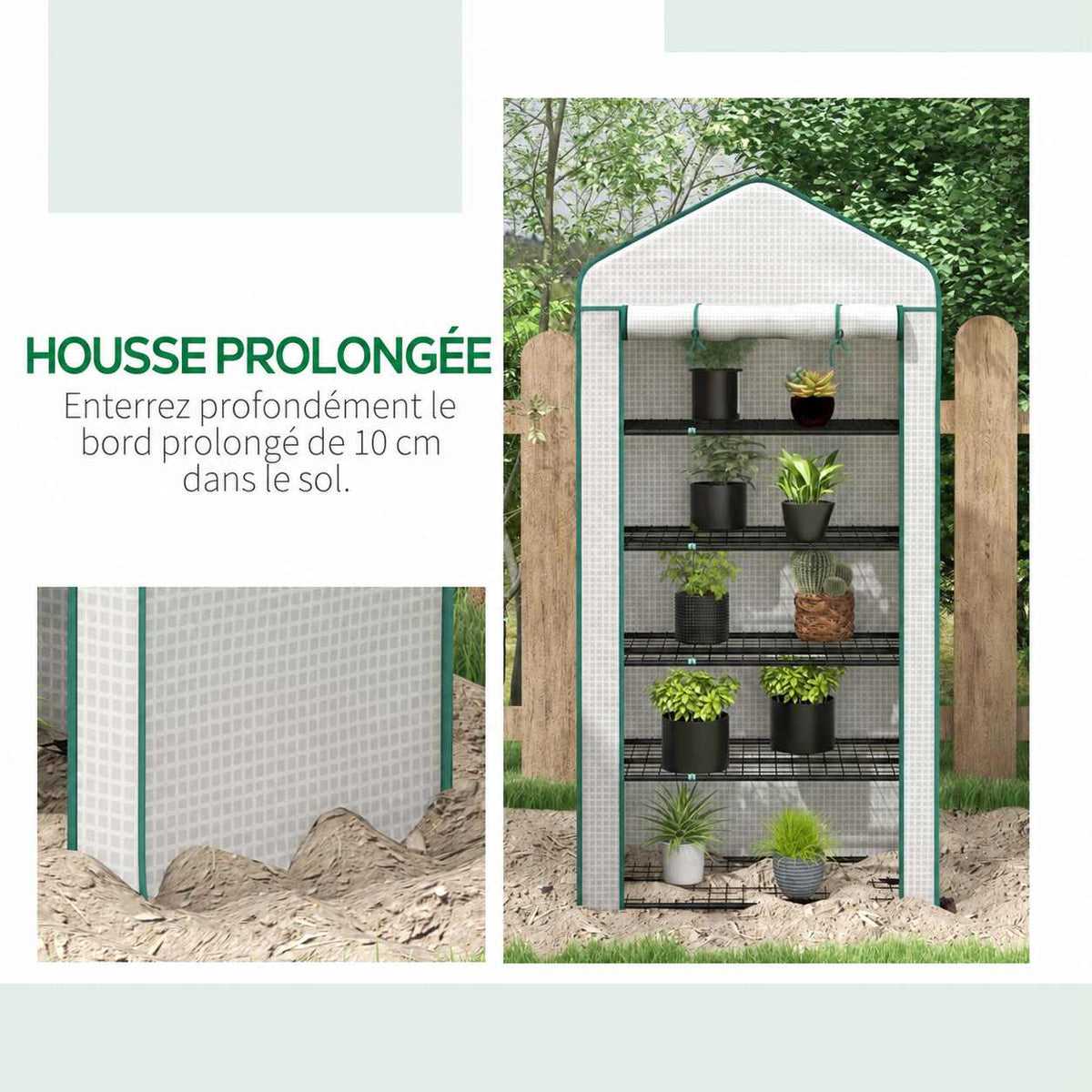 Serre blanche avec plantes et détail du bord de housse