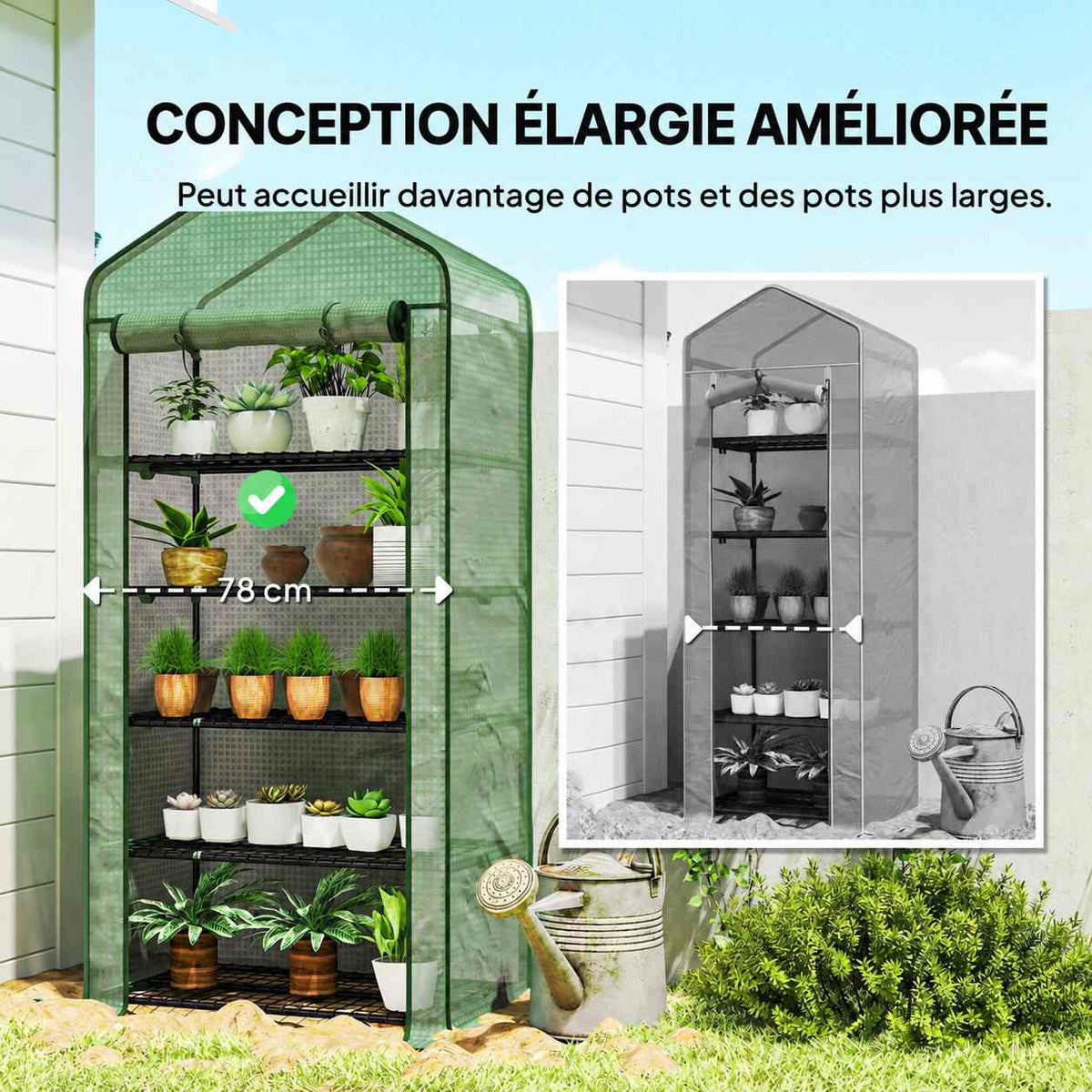 Serre verte avec illustration de la largeur des étagères