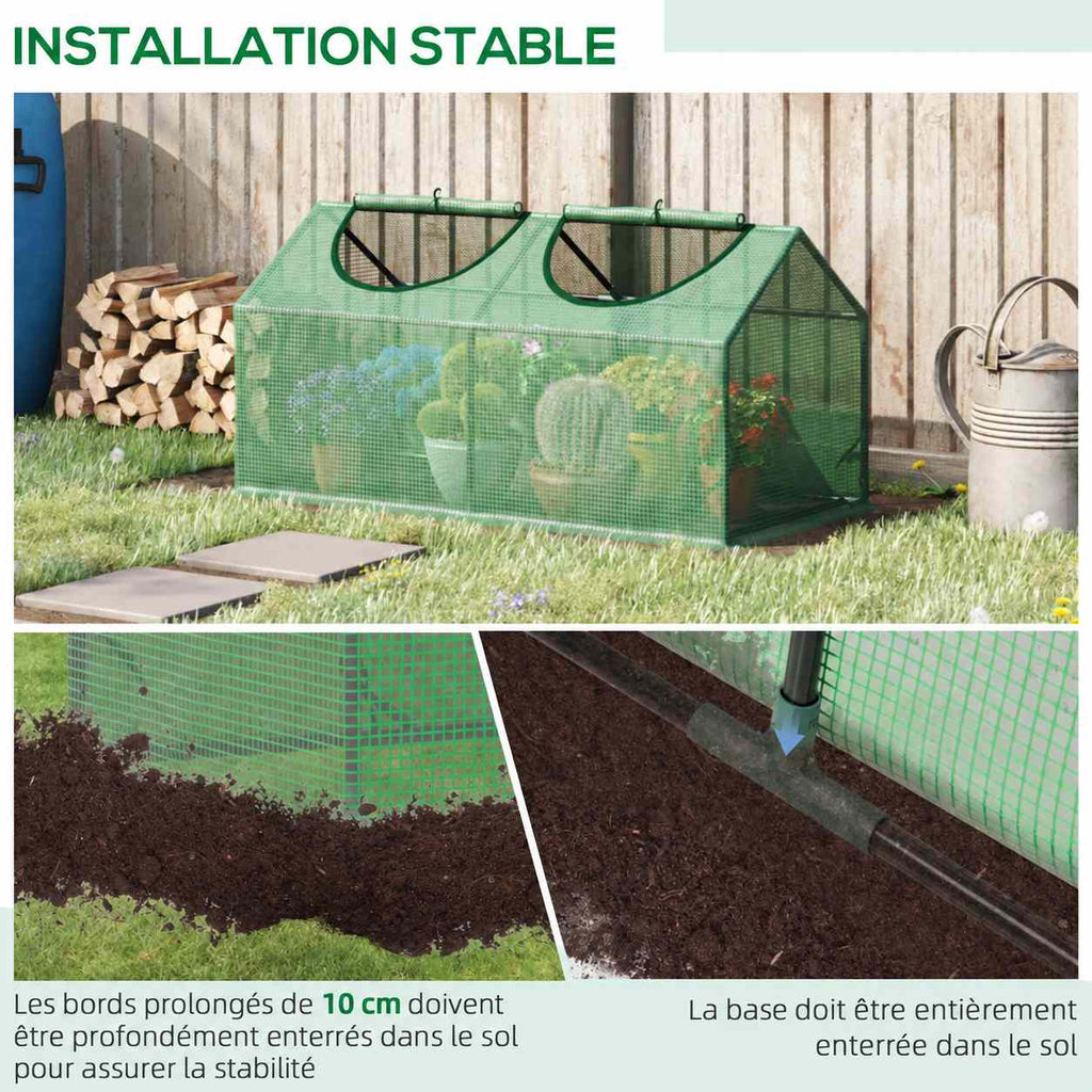 Mini-serre verte et détails des points de fixation au sol