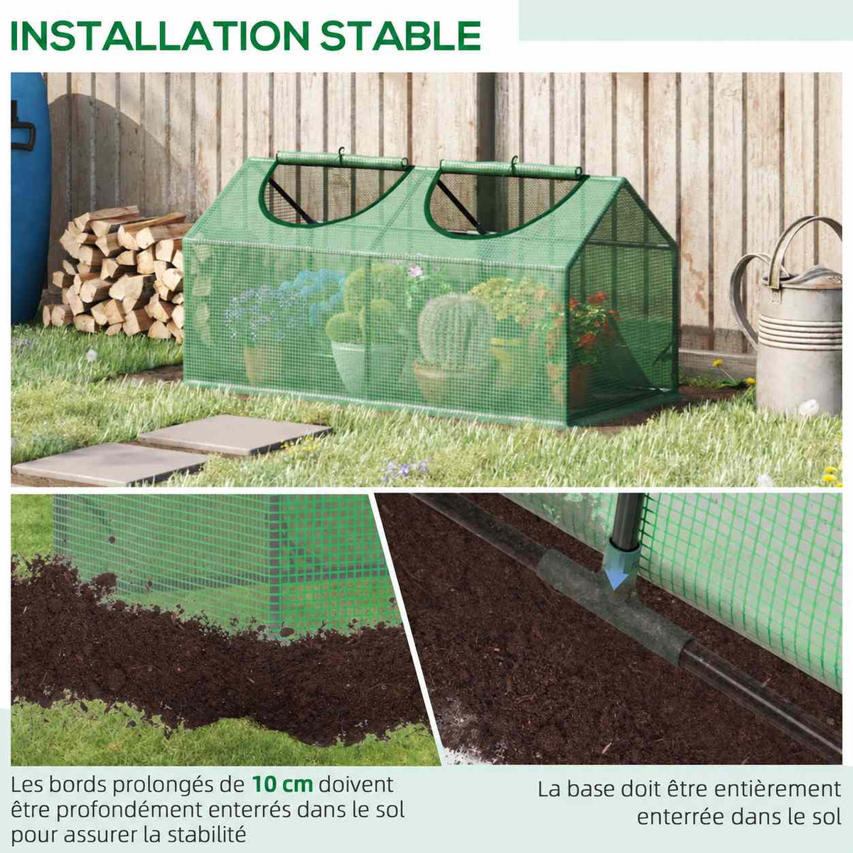 Mini-serre verte et détails des points de fixation au sol