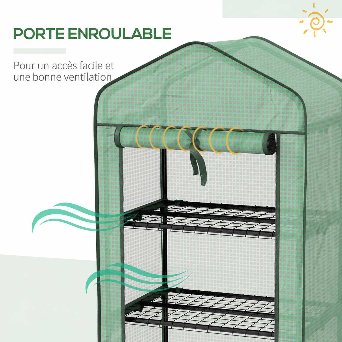 Porte enroulée et étagères de la mini serre verte