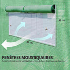 Détail d’une fenêtre à moustiquaire avec dimensions sur la serre tunnel verte