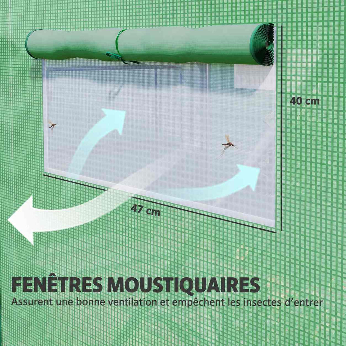 Détail d’une fenêtre à moustiquaire avec dimensions sur la serre tunnel verte