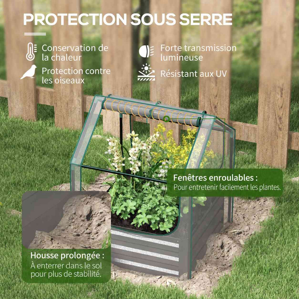 Carré potager avec serre : fenêtre enroulable et bord de housse à enterrer