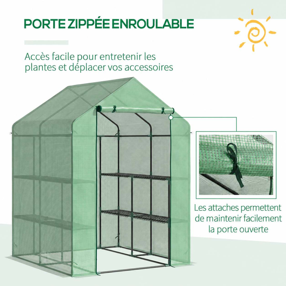 Porte enroulable de la petite serre et détail de son attache