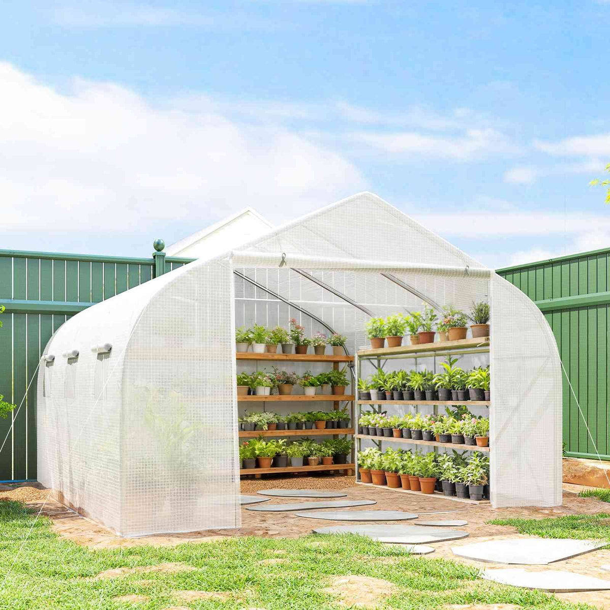 Serre tunnel blanche aménagée d’étagères de plants au jardin